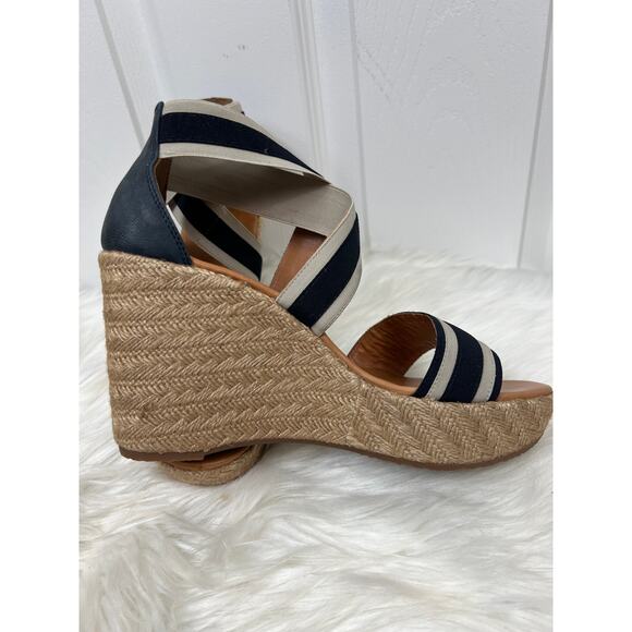 Paul Green Navy & Beige Striped Crisscross Espadrille Sandal Wedges 9.5 - Picture 6 of 7